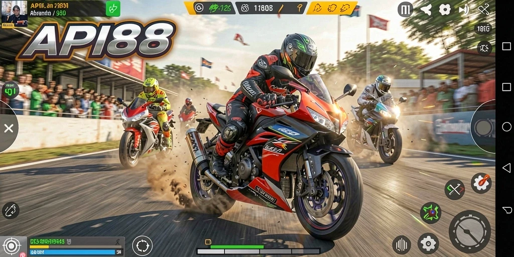 Screenshot gameplay <strong>API88</strong> dengan aksi balapan motor yang mendebarkan.