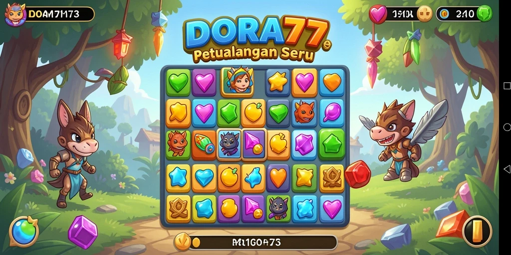 Tampilan gameplay seru DORA77 dengan tantangan Match-3.