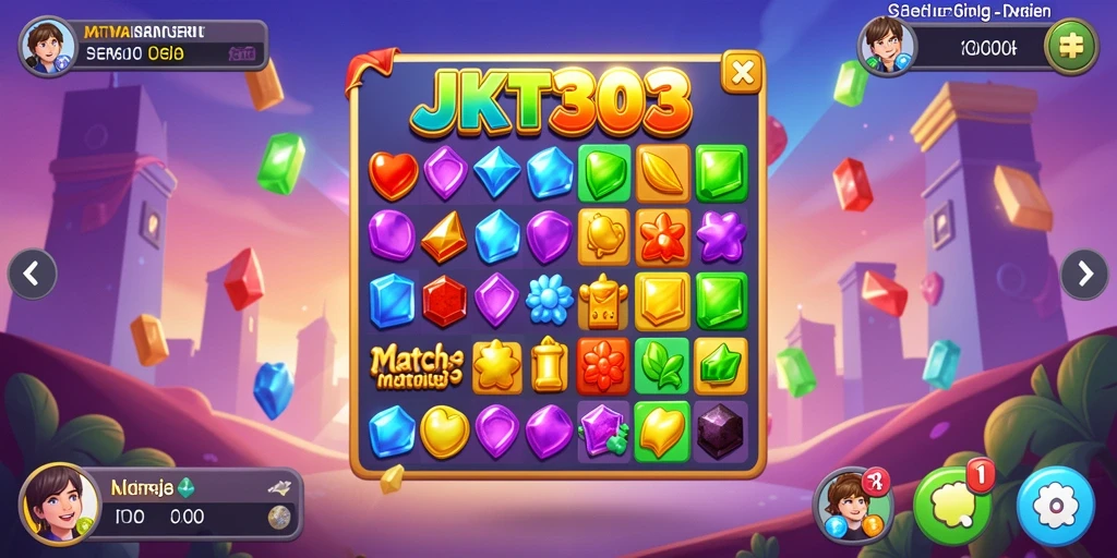 Screenshot JKT303 menunjukkan gameplay Match-3 yang seru dan penuh warna.