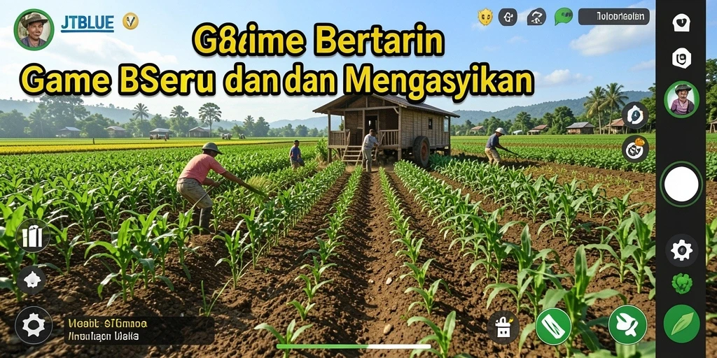 Tampilan gameplay JTBLUE yang menarik dengan ladang subur dan hewan yang lucu.