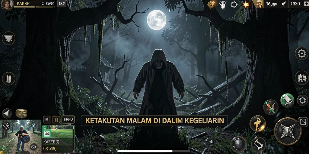 Screenshot KAKRP menampilkan gameplay menegangkan saat karakter menjelajahi ruang gelap.