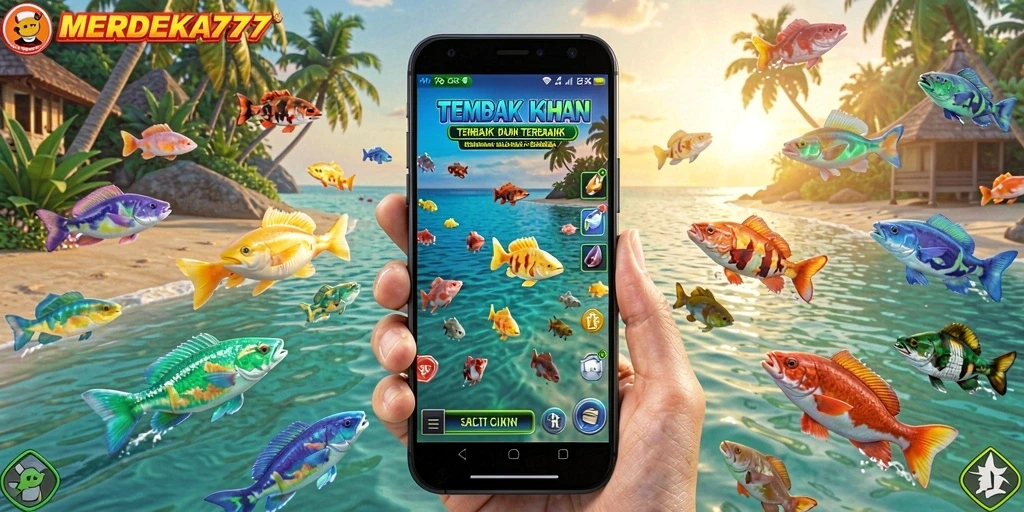 Screenshot gameplay <strong>MERDEKA777</strong> menampilkan aksi tembak ikan yang seru dan penuh warna.