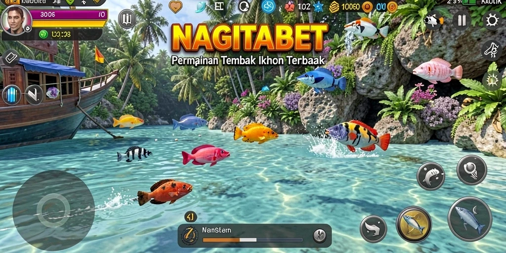 Screenshot NAGITABET yang menunjukkan aksi menembak ikan dengan efek visual yang menarik.