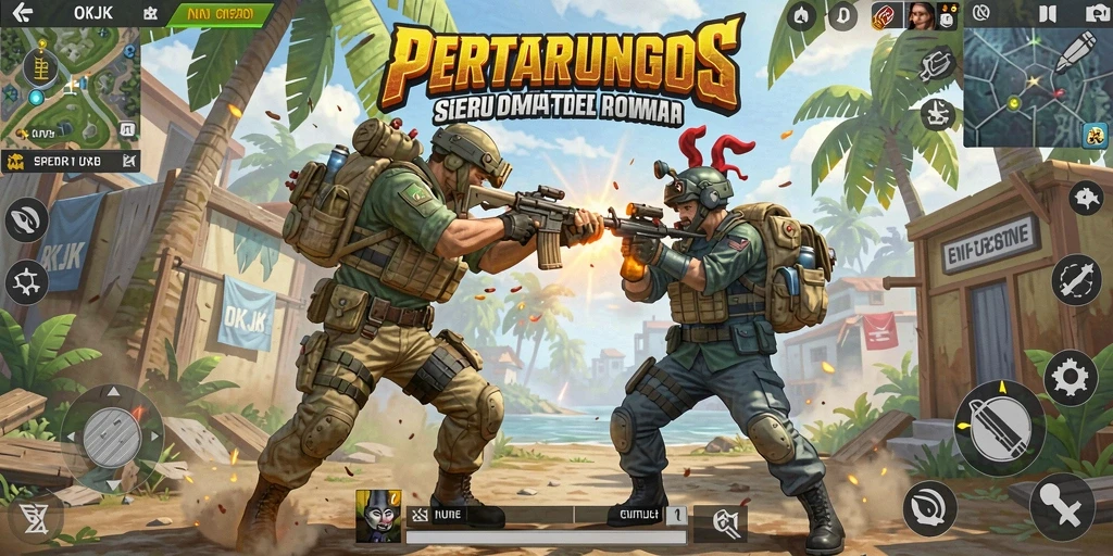 Screenshot utama OKJK menampilkan aksi intens dalam pertempuran Battle Royale.