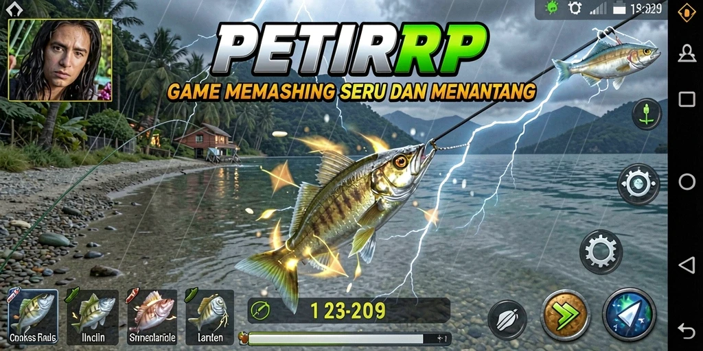 Screenshot utama menampilkan gameplay memancing yang seru dan mendebarkan.