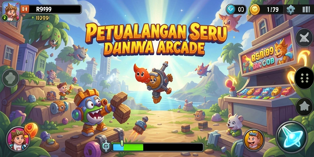 Screenshot gameplay RR999 dengan karakter beraksi penuh warna.