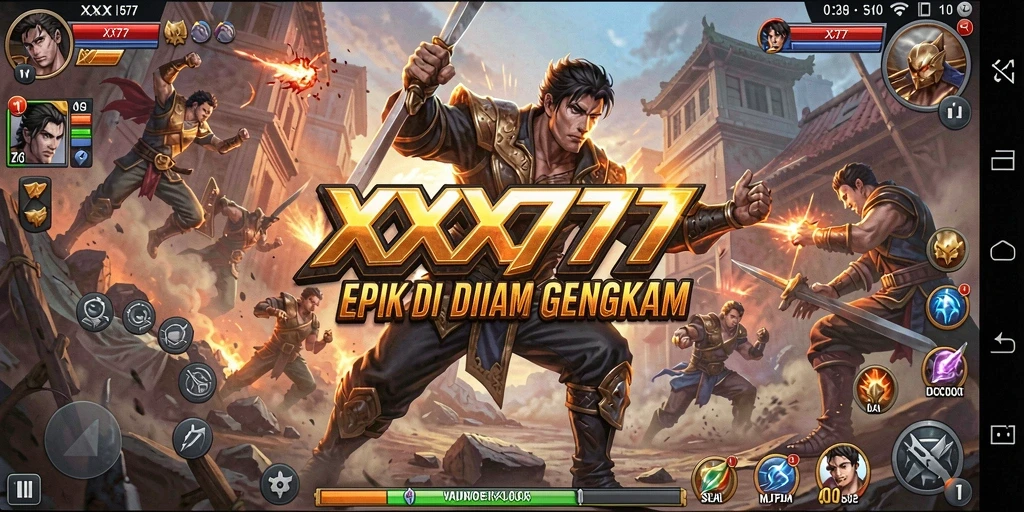 Screenshot utama XXX777 menampilkan pertarungan karakter dalam aksi menegangkan.